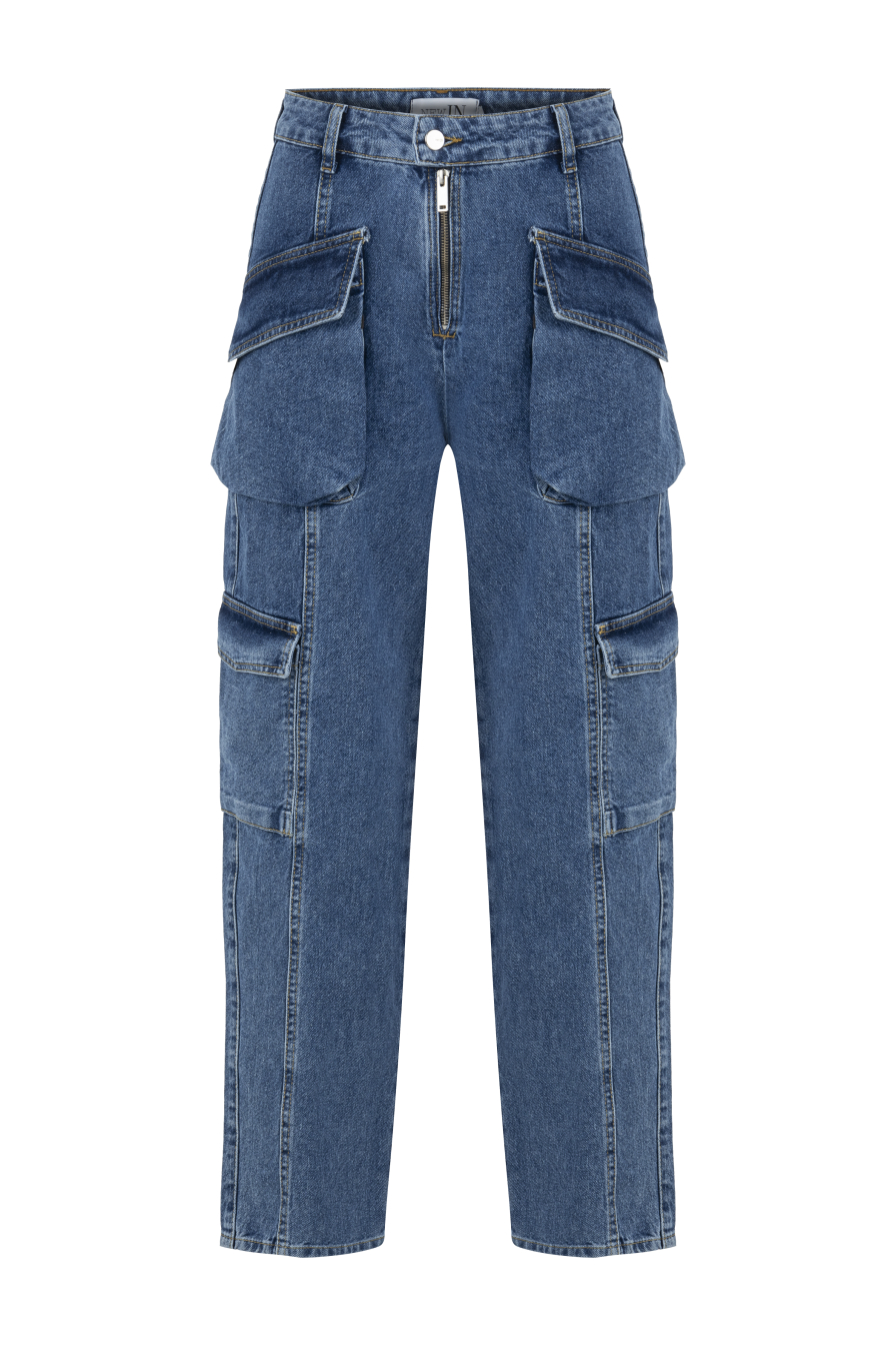 Körük Cepli Kemerli Mavi Denim Pantolon