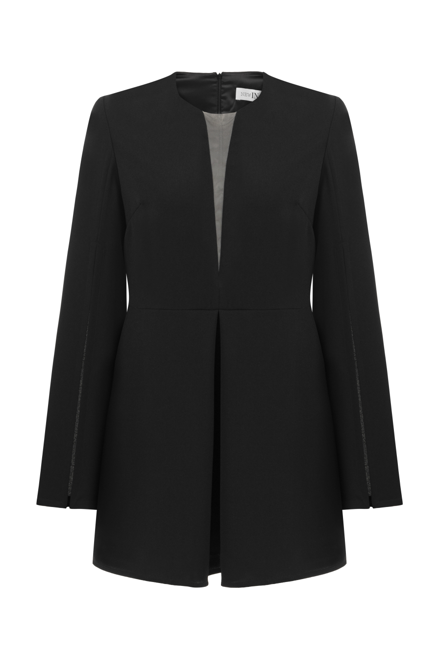 Kolu Yırtmaçlı Siyah Krep Mini Elbise