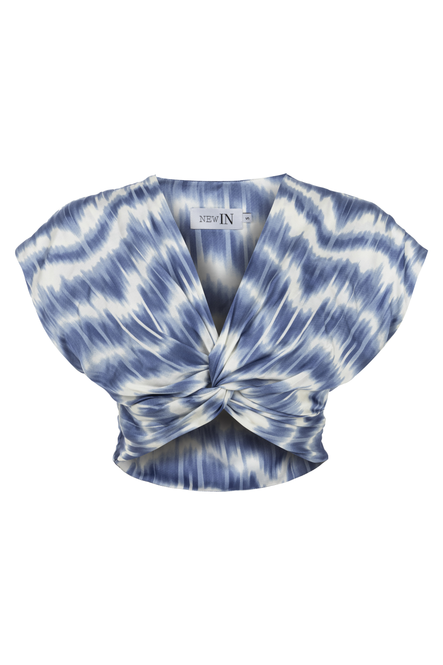 Mavi Batik Desenli Düğüm Detaylı Bluz