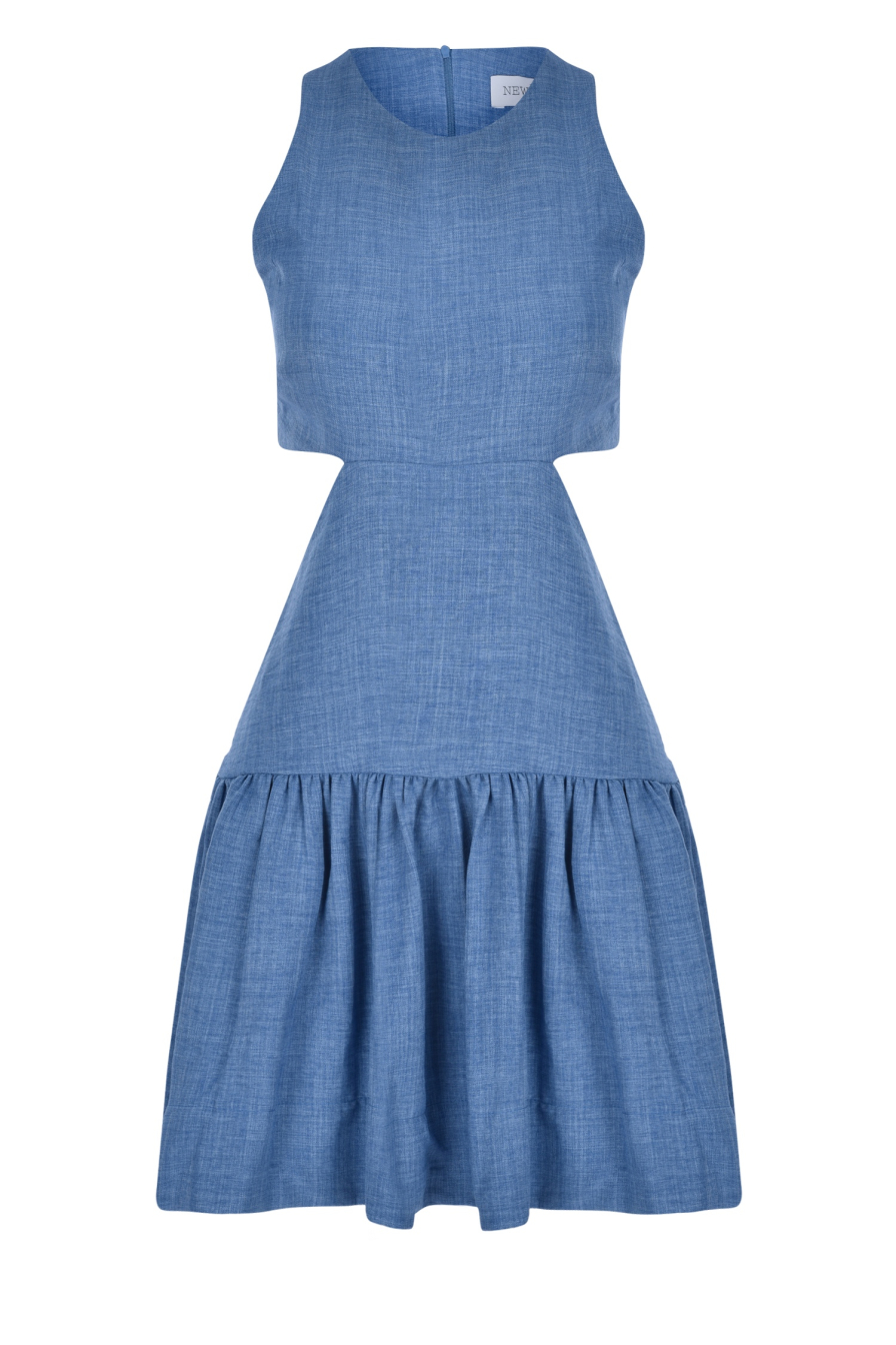 Sıfır Yaka Bel Detaylı Mavi Elbise
